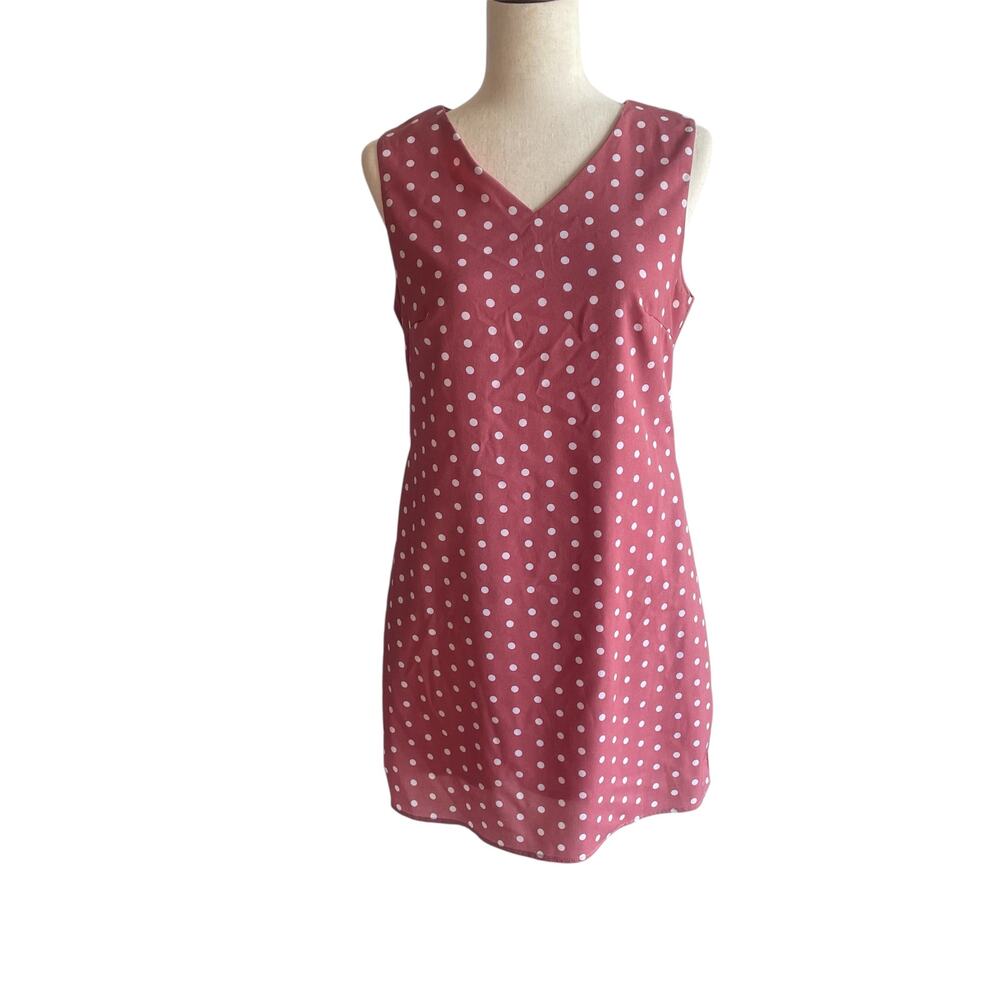 SM Wardrobe Dark Coral Polka Dot White Dress Sz M.  lined back zipper